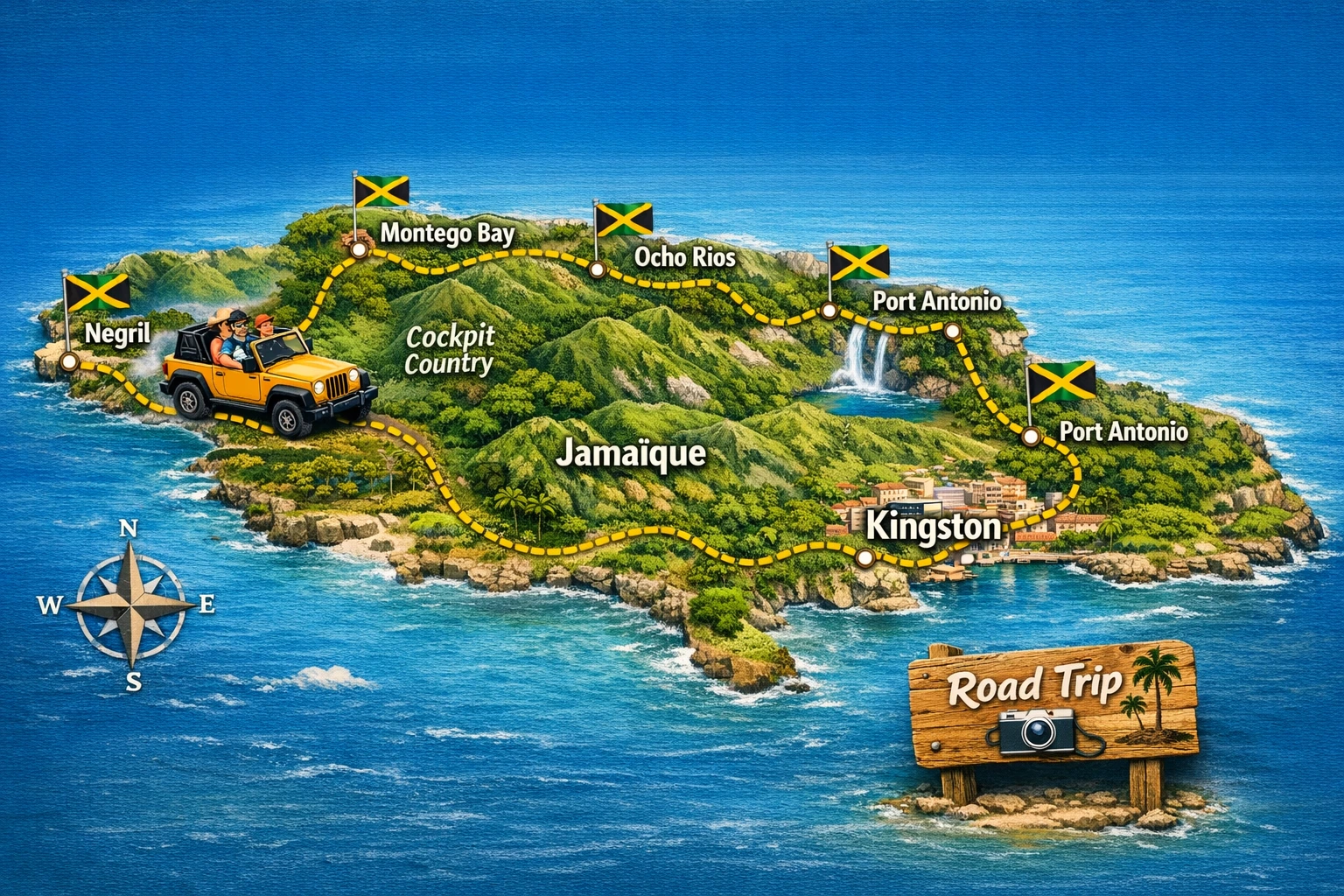 Carte d’un road trip en Jamaïque sur 3 semaines
