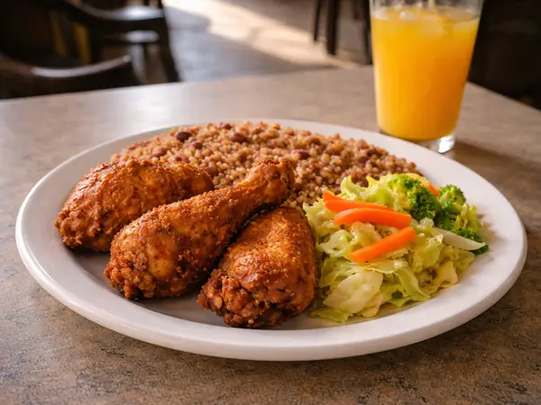 Assiette jamaïcaine avec rice and peas, plantain et viande en sauce